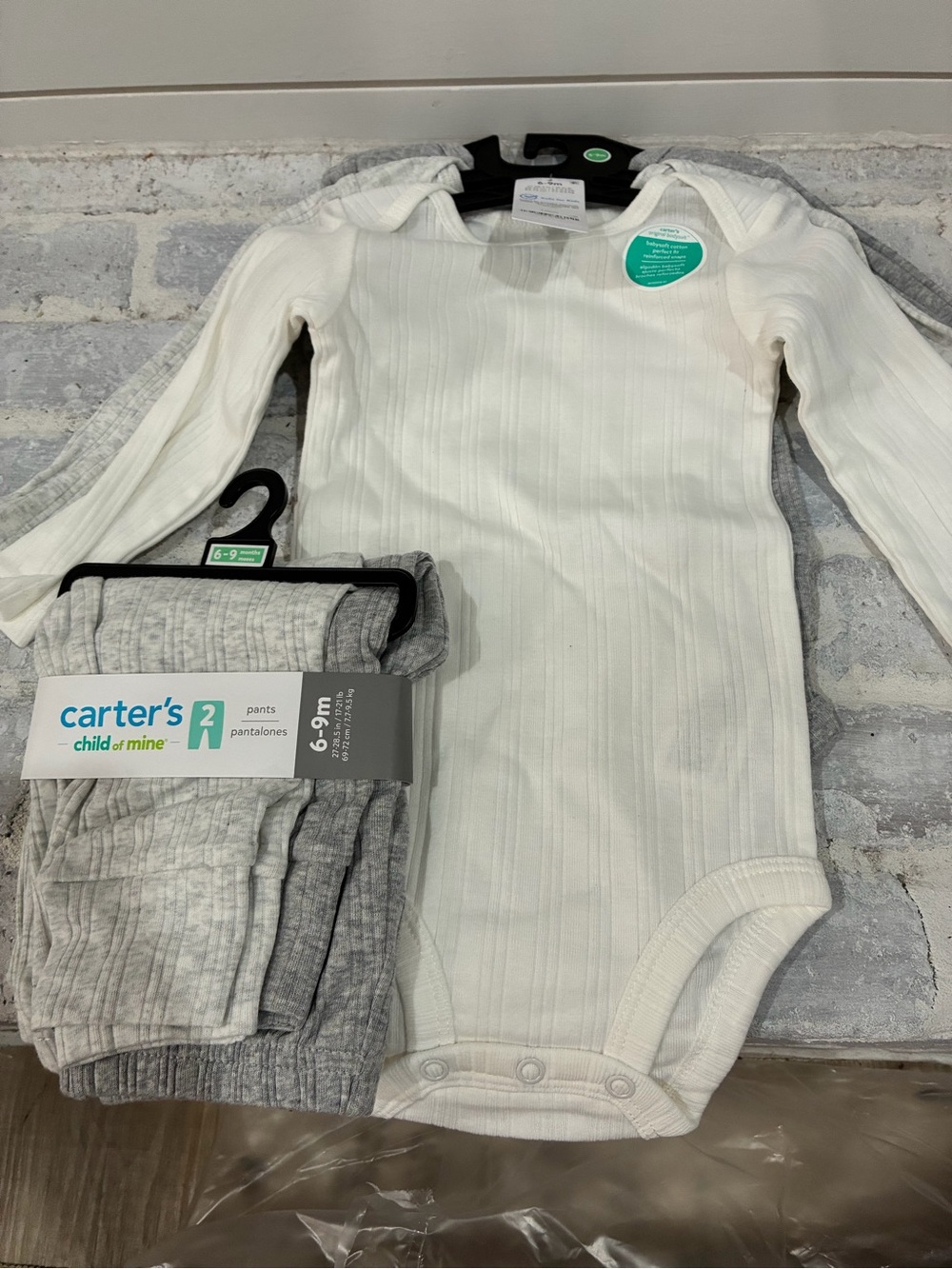 Carter's White Ribbed Long-Sleeve 3 Bodysuit with Gray Ribbed Pants (2-Pack pant